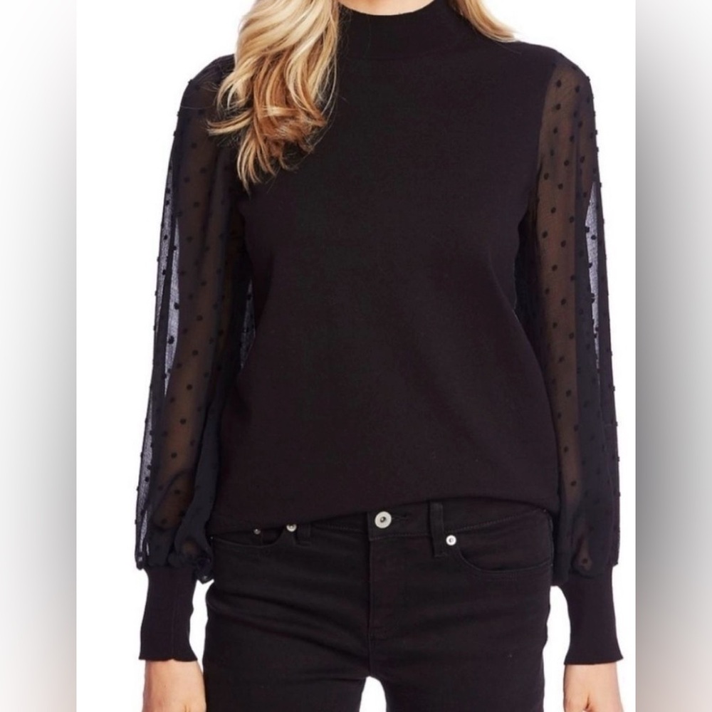 CeCe Black Knit Mock Neck Top With Sheer Polka Dot Long Sleeves, Size Large